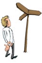 Cartoon of man stannding at crossroads