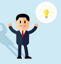 Cartoon man in suit. Concept idea. Vector illustration of a creative young cartoon businessman pointing at light bulb as a symbol Royalty Free Stock Photo