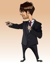 Cartoon man in suit with microphone in hand pointing finger Royalty Free Stock Photo