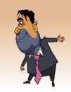 Cartoon man in a suit shows a hand toward