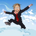 Cartoon man in suit and tie fun jumps