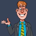 Cartoon man in suit with tie winks cheerfully gesturing with hand