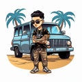 Cartoon Man With Sunglasses And Blue Pickup Truck: Exotic Realism And Rap Aesthetics