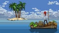 Cartoon man swims on a boat with treasures by the sea past the island