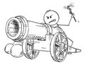 Cartoon of Man Targeting with Antique Cannon Ready to Fire