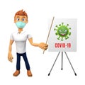 3D Cartoon Character with a Mask Showing Whiteboard with Coronavirus Royalty Free Stock Photo