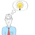 Cartoon man thinking bright idea light bulb Royalty Free Stock Photo