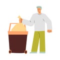 Cartoon man throwing clean trash bag in garbage container