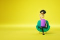 Cartoon man tired sitting in a green chair on a yellow background. Appointment with a psychiatrist, psychological problems,