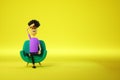 Cartoon man tired sitting in a green chair on a yellow background. Appointment with a psychiatrist, psychological problems,