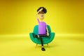 Cartoon man tired sitting in a green chair on a yellow background. Appointment with a psychiatrist, psychological problems,