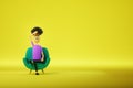 Cartoon man tired sitting in a green chair on a yellow background. Appointment with a psychiatrist, psychological problems,