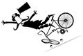 Cartoon man in the top hat falling down from the bicycle