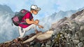 Cartoon man tourist with a backpack climbs a rocky slope in the fog