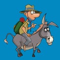 Cartoon man tourist with a backpack and a hat riding a donkey