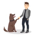 Cartoon man training and teaching his pet to commands. A dog giving a paw to his owner. Flat vector cartoon illustration Royalty Free Stock Photo