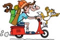 Cartoon man traveling on a motorcycle with his dog and cat vector