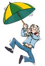 Cartoon man with an umbrellabeing whisked away