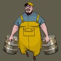 Cartoon man in uniform dragging metal kegs in each hand