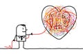 Cartoon Man Untangling a Big Doodle Heart