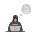 Cartoon man using laptop. Hacker at work, anonymous attacking computer network. Data protection concept. Spamming, virus attack Royalty Free Stock Photo
