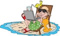 Cartoon man on vacation, lying on beach chair checking his mails with his laptop and drinking cold water vector Royalty Free Stock Photo