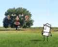 Cartoon Man watching a Funny Tree with human Face in a Green Field