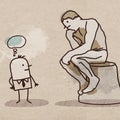 Cartoon Man Watching the Rodin`s Thinker