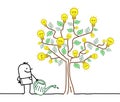 Cartoon Man Watering a big Tree with Light Bulbs Royalty Free Stock Photo