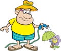 Cartoon Man Watering a Flower with a Garden Hose.