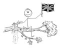 Cartoon of Man Waving the Flag of United Kingdom of Britain and Cutting the Tree Branch on Which He Is Sitting Royalty Free Stock Photo