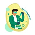 Cartoon man wearing eyeglasses inventing and doing vaccine vector