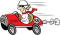 Cartoon man wearing a helmet and goggles driving a race car.