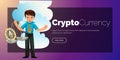 Cartoon man weighs ether crypto currency poster