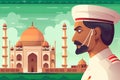 A cartoon of a man in a white hat and a white hat with the words taj mahal in the background. AI generation