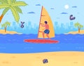 Cartoon Man Windsurfer Training Sail on Board