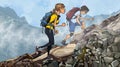 Cartoon man with woman with backpacks climb a rocky slope in the fog