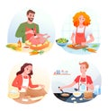 Cartoon man woman characters in chef aprons cooking green vegetable salad, baked turkey, pancakes, making dough for Royalty Free Stock Photo