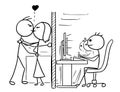 Cartoon of Man and Woman Couple in love Kissing at Office, Job,Work