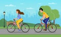 Cartoon Man and Woman Cycling in Urban City Park Royalty Free Stock Photo