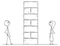 Cartoon of Man and Woman Divided by High Wall Obstacle Royalty Free Stock Photo