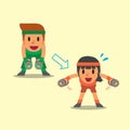 Cartoon man and woman doing dumbbell bent over lateral raise exercise step training