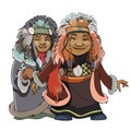 Cartoon man with a woman of the Far North in the national fur clothes