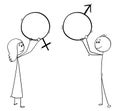 Cartoon of Man and Woman Holding Male and Female Sex Symbols Royalty Free Stock Photo