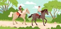 Cartoon man and woman in jockey outfit sitting on backs of running horses, horseriding lesson or walk of young