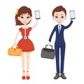 Cartoon man and woman with phones in their hands. Woman in red dress with handbag. Man in a business suit with a Royalty Free Stock Photo