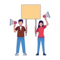 Cartoon man and woman protestating with megaphones and holding a blank sign Royalty Free Stock Photo