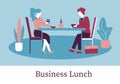 Cartoon Man Woman Sit Table in Cafe Business Lunch Royalty Free Stock Photo