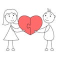 Cartoon man and woman stick figures joining puzzle of heart Royalty Free Stock Photo