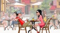 Cartoon man and woman talking sitting in a crowded cafe Royalty Free Stock Photo